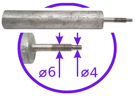 Универсальный магниевый анод для водонагревателя L=145мм, D=21мм с двойной резьбой 4 и 6 мм
